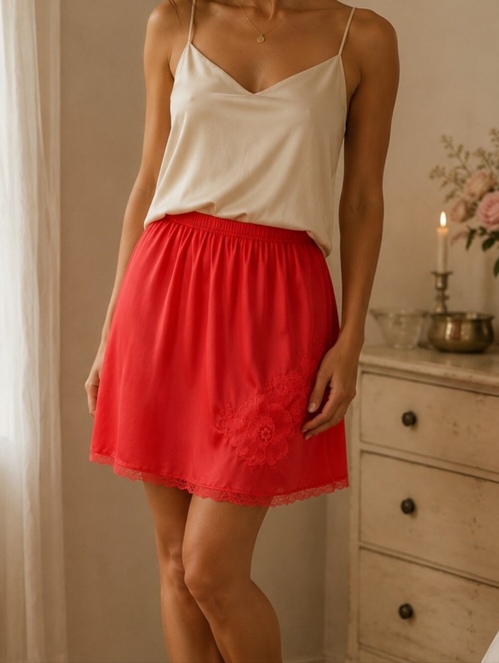 Vanity Fair Vintage Slip Skirt Coral Lace Floral Applique/Trim Elastic Waist